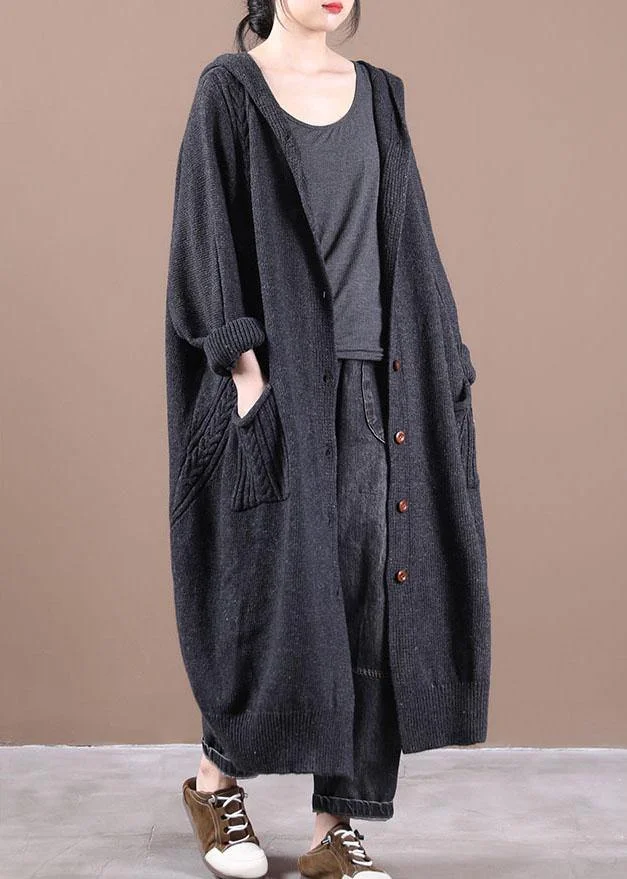 Boutique Dark Grey KnitLong sleeve Fall Long Loose Coat