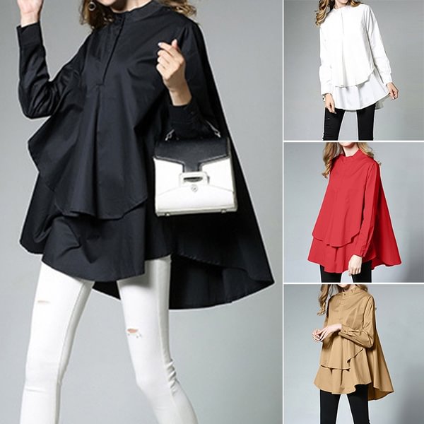 ZANZEA Fashion Casual Loose Button Up Flare Asymmetrical Hem Long Sleeve Shirt Blouse Top - BlackFridayBuys