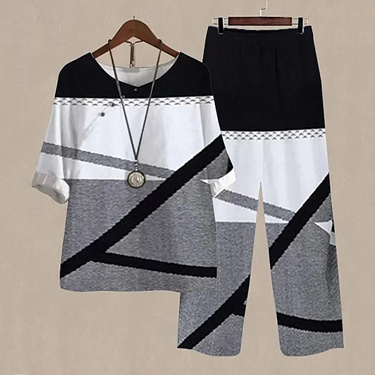 VChics Casual Stitching Color Contrast Printed Top Two-Piece Set