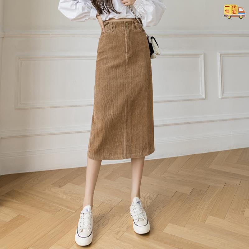 Corduroy Skirt For Women High Waist Mid-length Slimming Sheath A- Line One-step Midi Dresses
