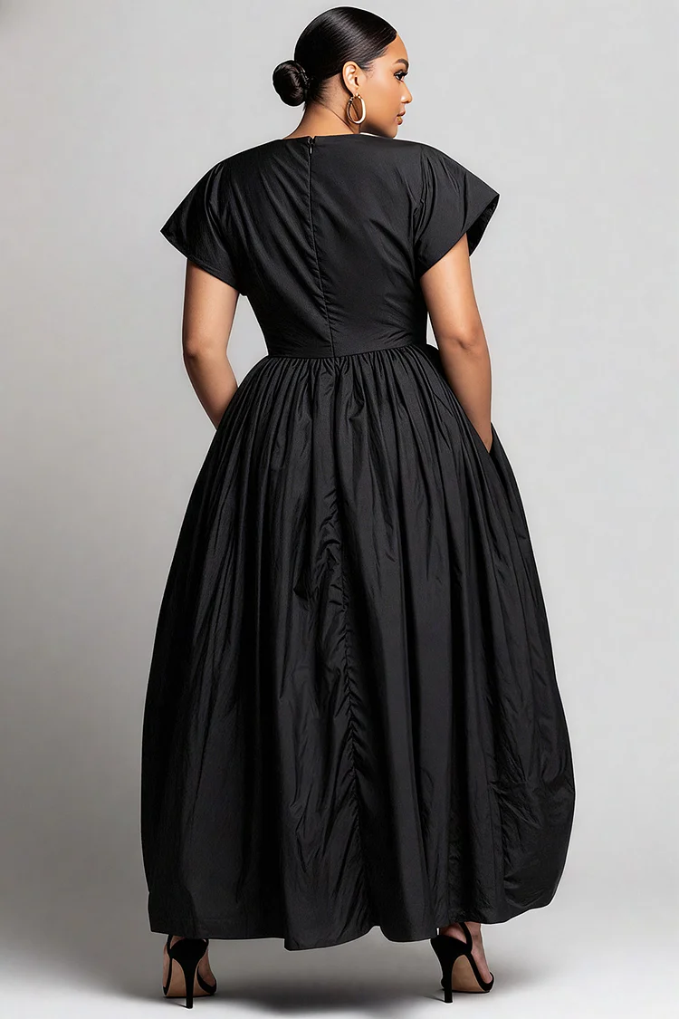 Xpluswear Design Plus Size Semi Formal Black Round Neck Short Sleeve 3D Casual Pocket Maxi Dresses Black-2XL/18-20