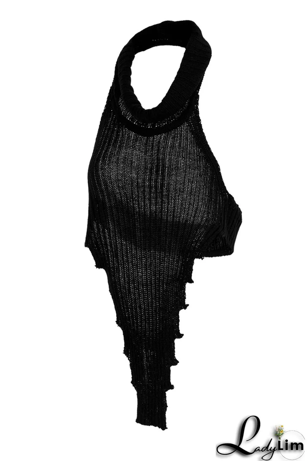 Black Sexy Casual Solid Backless Asymmetrical Turtleneck Tops