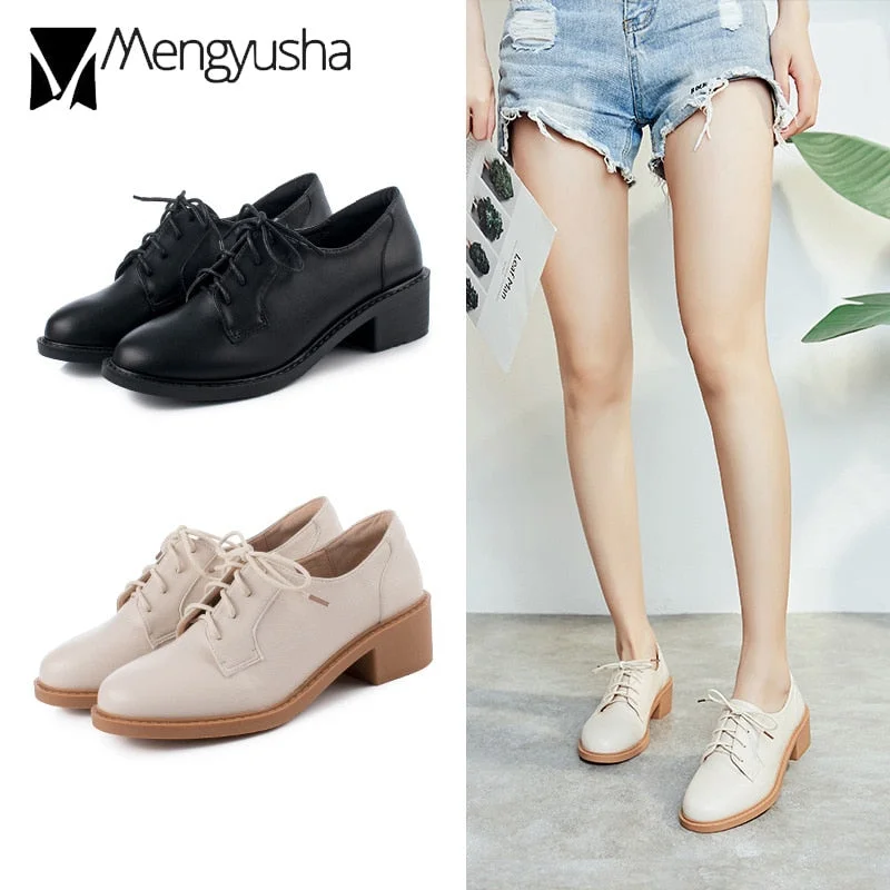 black/beige oxford shoes woman laca up flats British style small leather shoes woman derby shoes plush winter brogues women