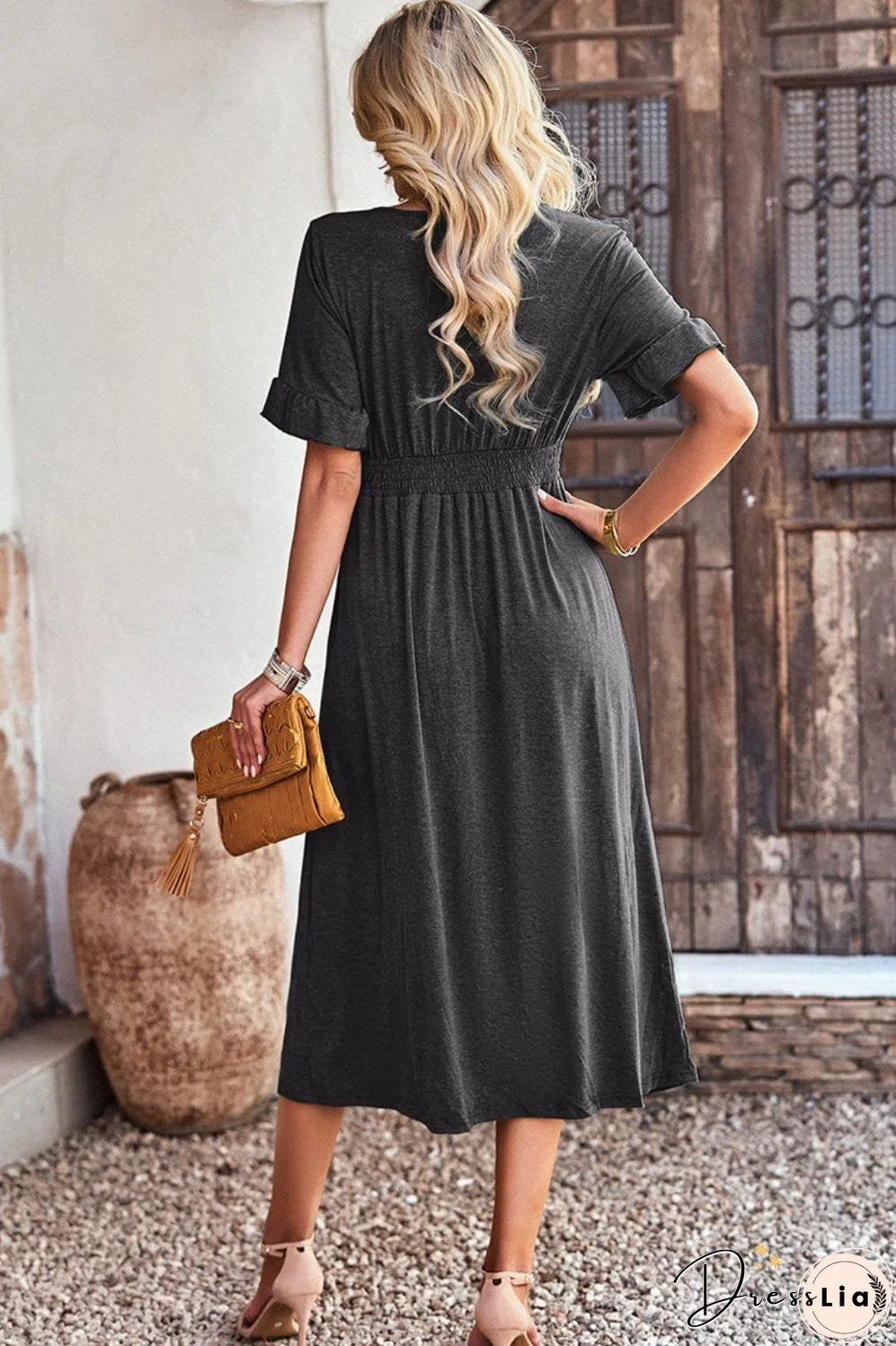 Gathered Detail Buttoned V-Neck Midi Dress