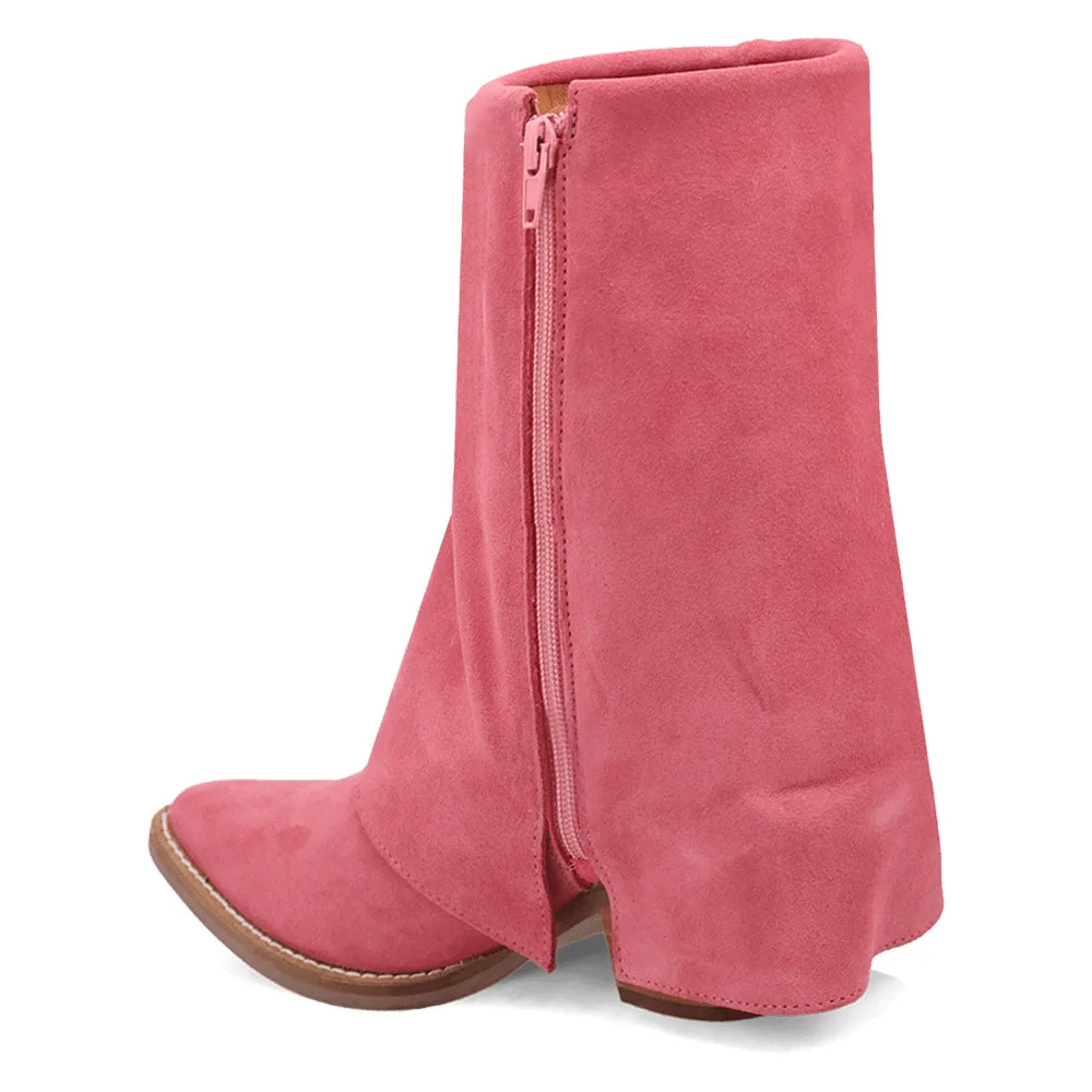 Vegan Suede Chunky Heel Almond Toe Fringe Cowgirl Boots in Pink