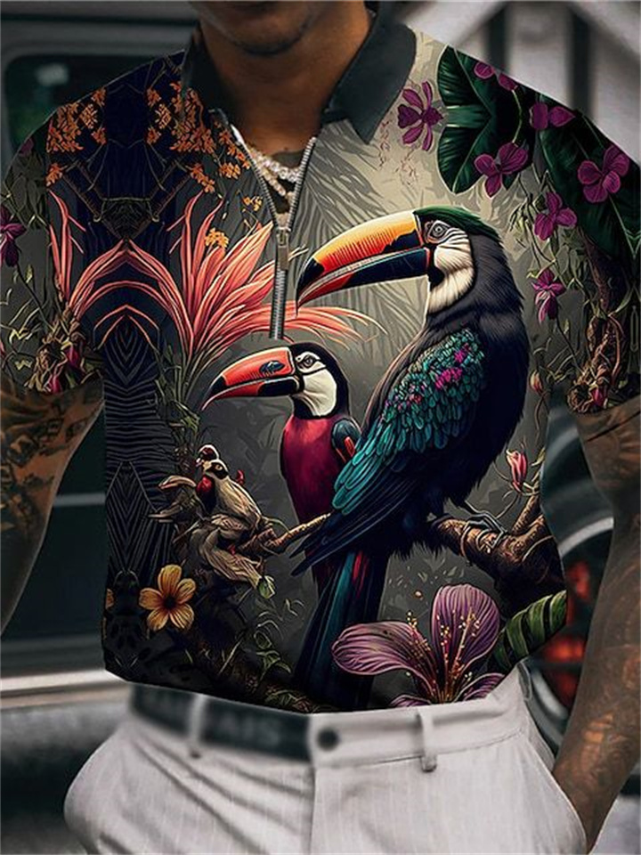 Men's Zipper Short Sleeve Lapel Casual Polo Shirt Floral Bird Print Tops Red Blue Green Purple