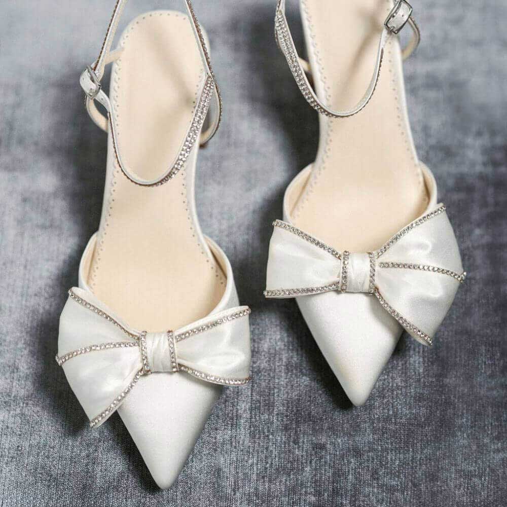 White Satin Pointed Toe Block Heel Bow Inlay Slingback Pumps Nicepairs