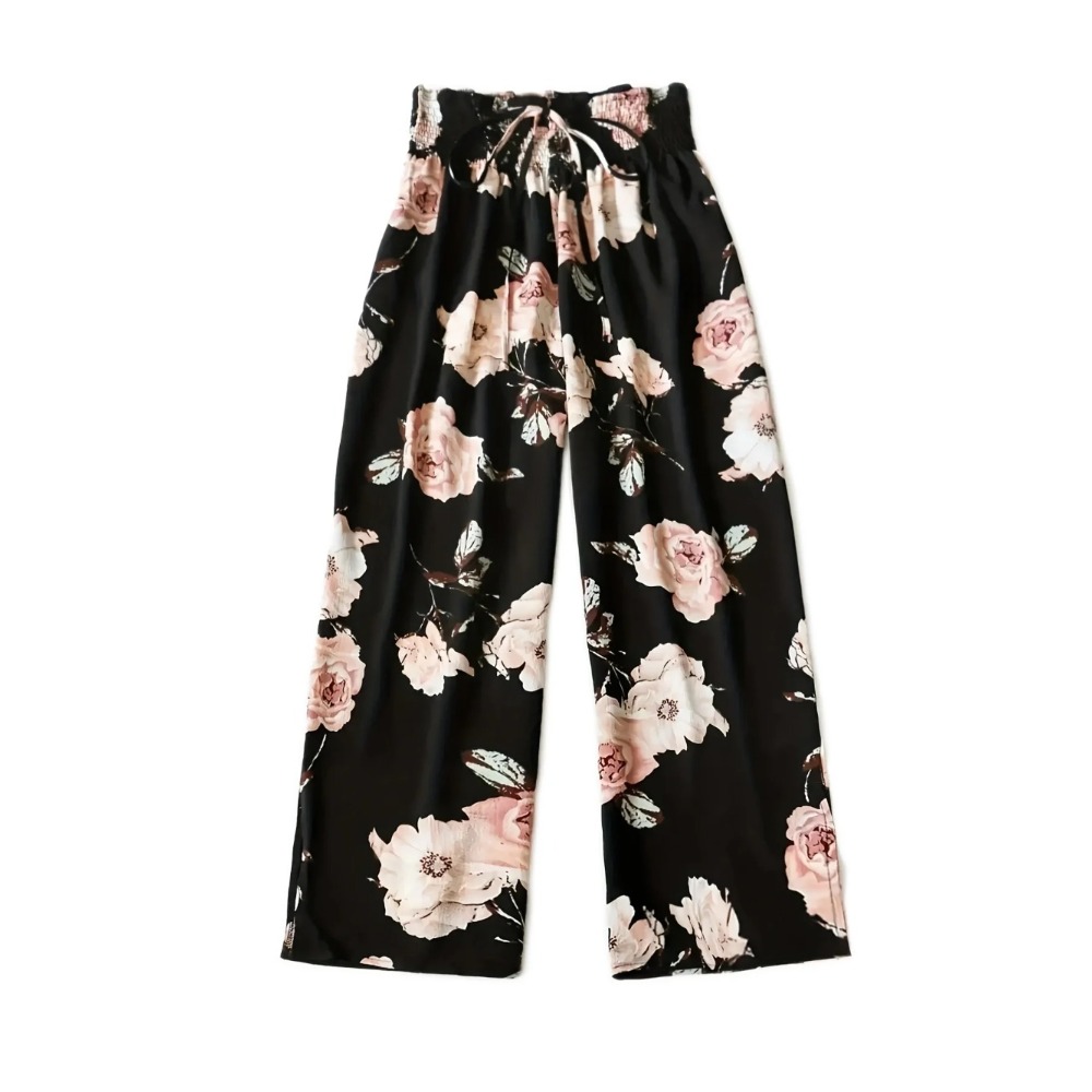 Plus Size Vibrant Floral Wide-Leg Pants with Comfy Shirred Elastic Waist - Breezy Casual Summer Wear for Curvy Women
