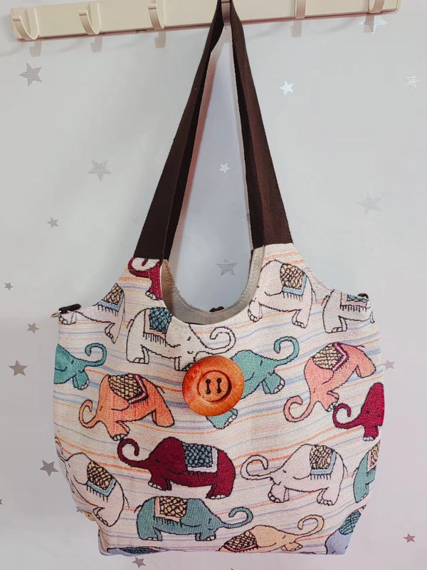 Women’s Large Canvas Elephant Ethnic Style Square Zipper Shoulder Bag