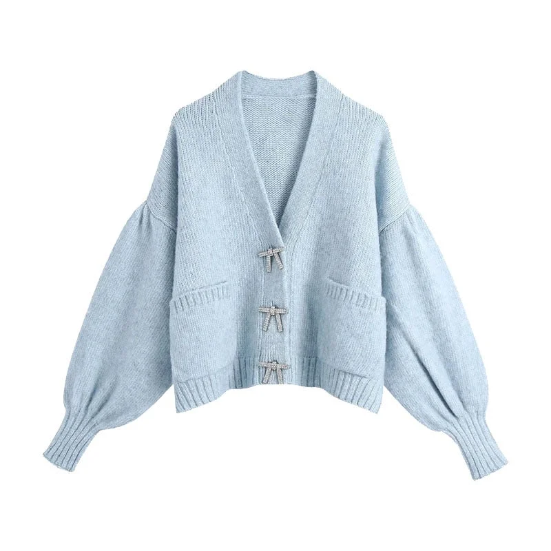 KPYTOMOA Women Fashion Rhinestone Buttons Loose Knitted Cardigan Sweater Vintage Long Sleeve Pockets Female Outerwear Chic Tops