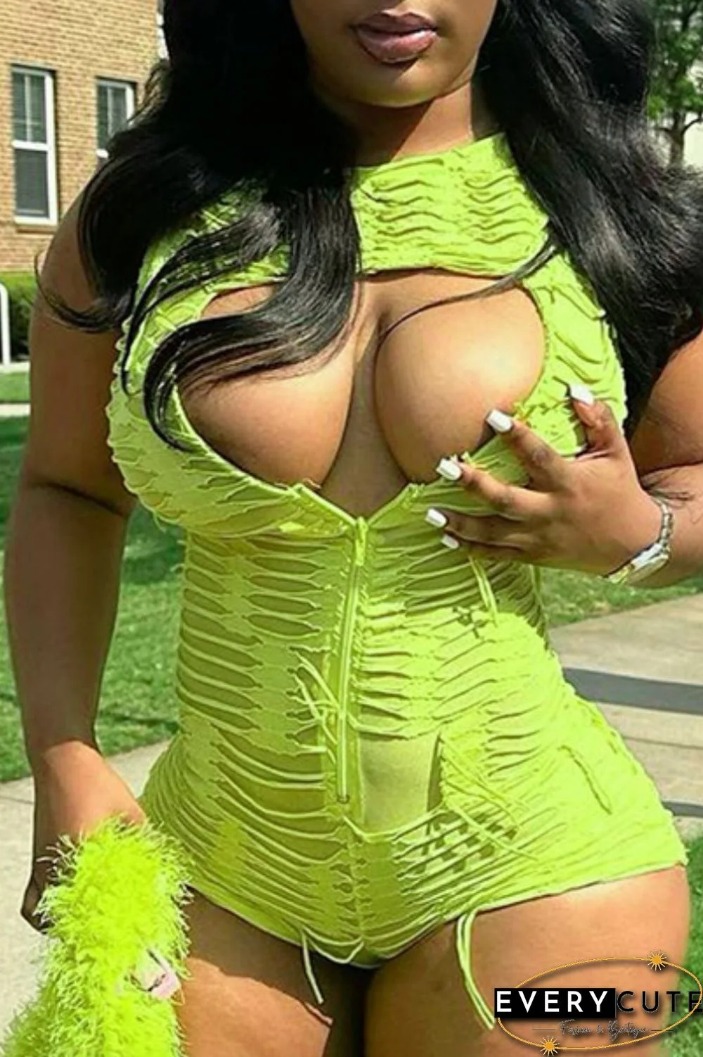 Green Sexy Casual Solid Hollowed Out O Neck Skinny Romper