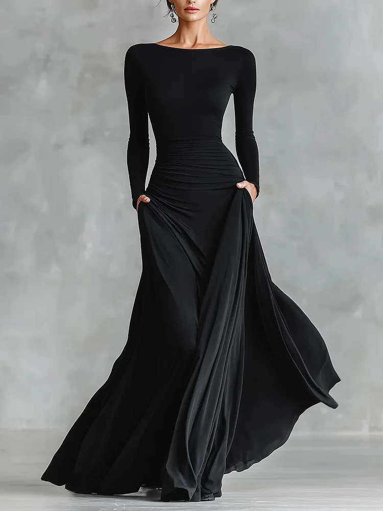 Black modern crepe pleated boat neck long dress