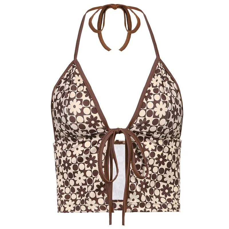 HEYounGIRL Floral Print Sexy Halter Top Summer V Neck Front Tie Sleeveless Tanks Cami Tops 90s Fashion Crop Top Streetwear