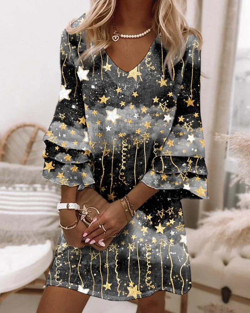 Casual V-Neck Printed  Dress-032307