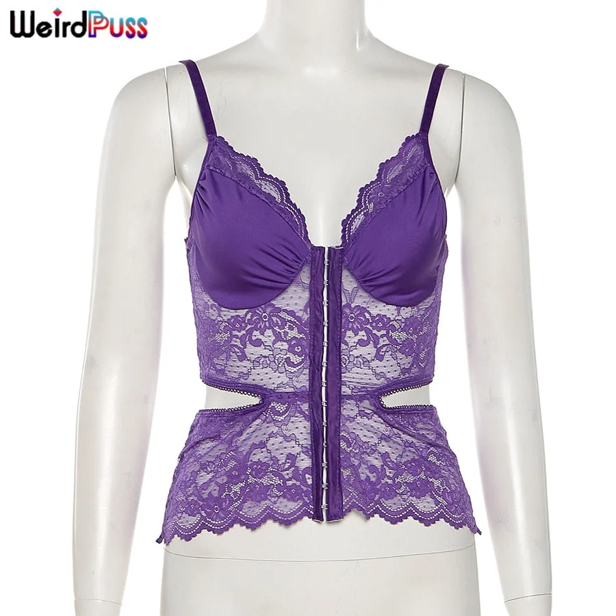 Weird Puss Sexy Camisole Women Corset Top Lace Cut Out Women Deep v-Neck Beach Tunic Waistless Tank Top Sleeveless Fashion Vest