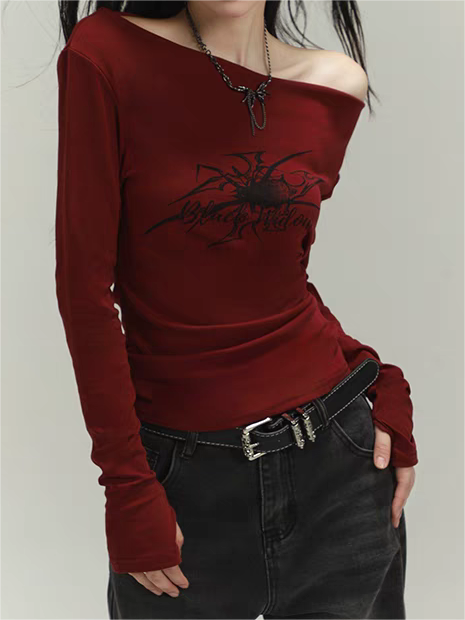 Brownm punk off shoulder top with graphic print