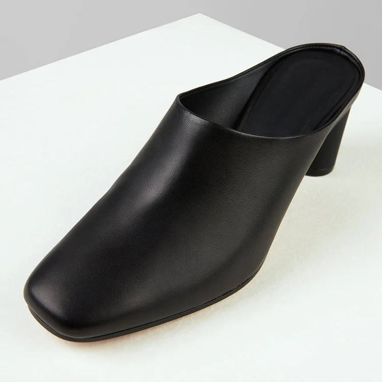 FSJ Black Closed Square Toe Cylinder Heel Slip-On Women's Mules Shoes FSJ Black Closed Square Toe Cylinder Heel Slip-On Women's Mules Shoes