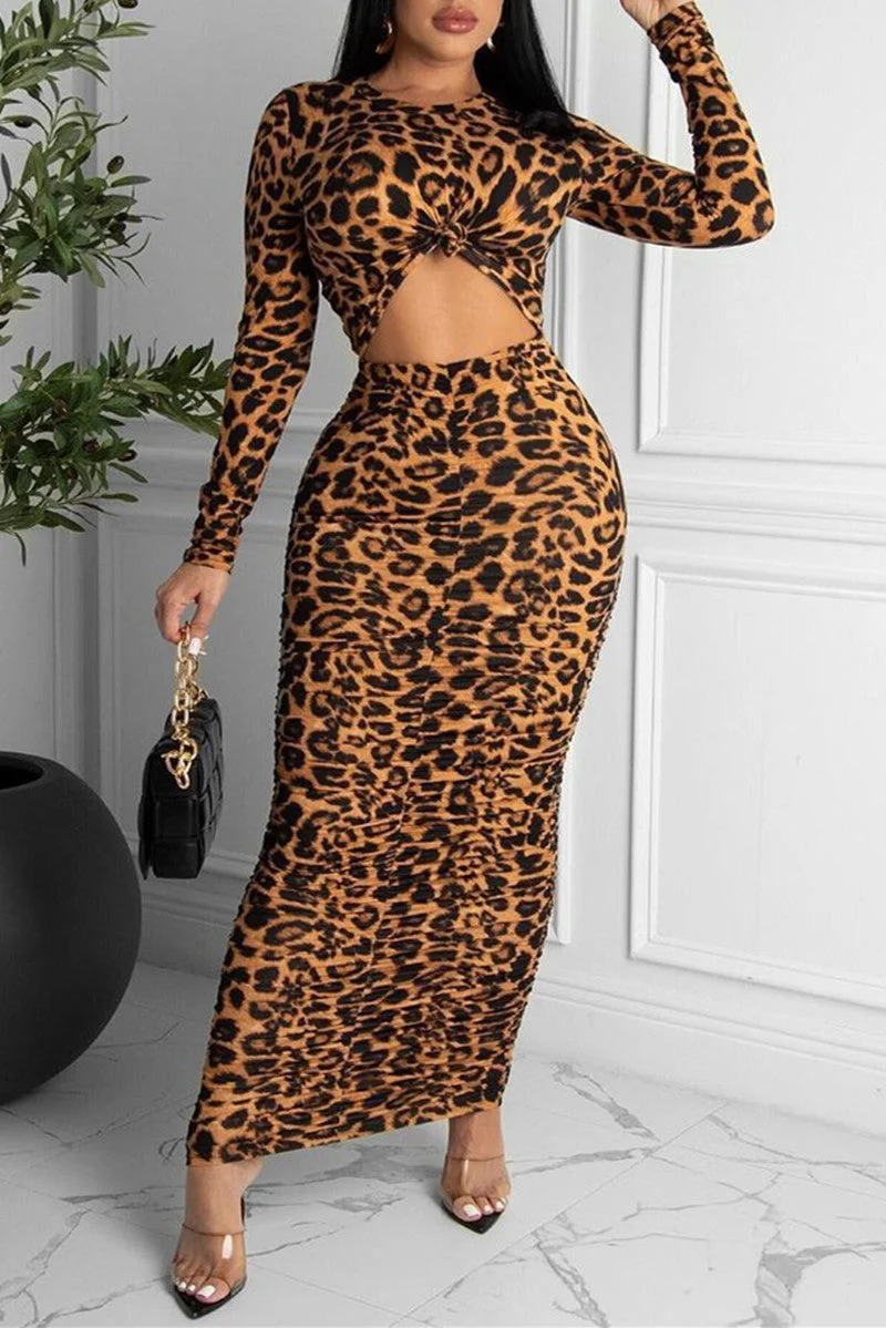 Fashion Sexy Print Leopard Hollowed Out O Neck Long Sleeve Dresses