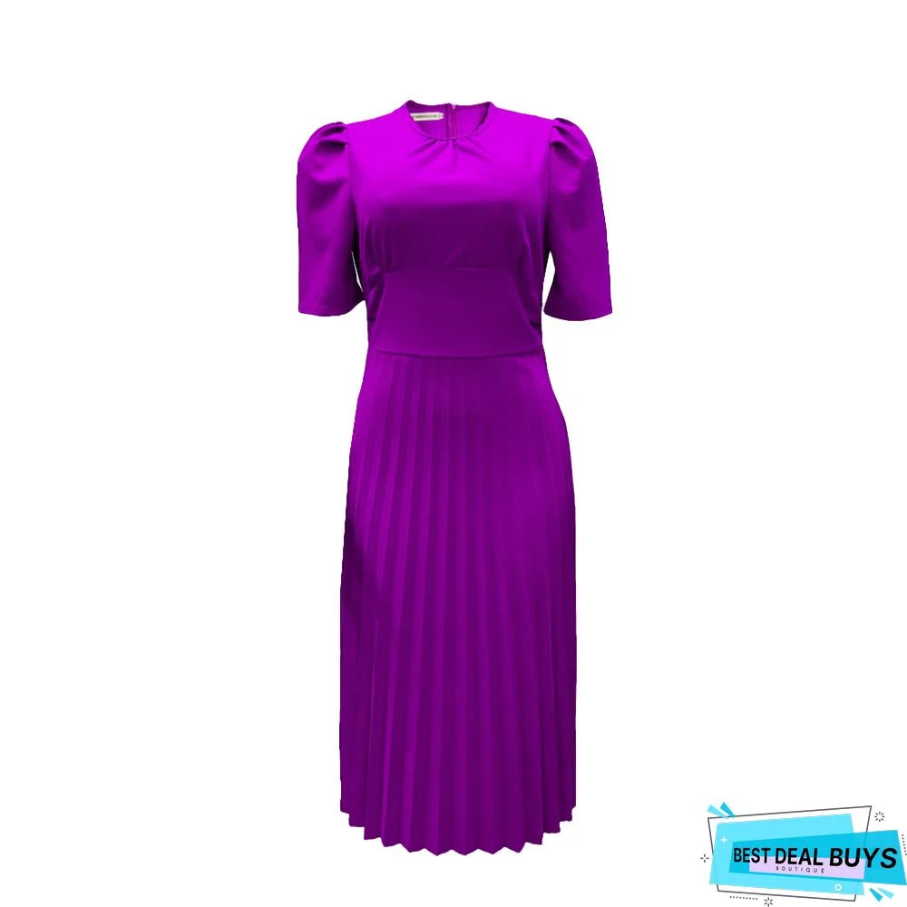 Short Sleeve Pleated Solid Color Plus Size Dress