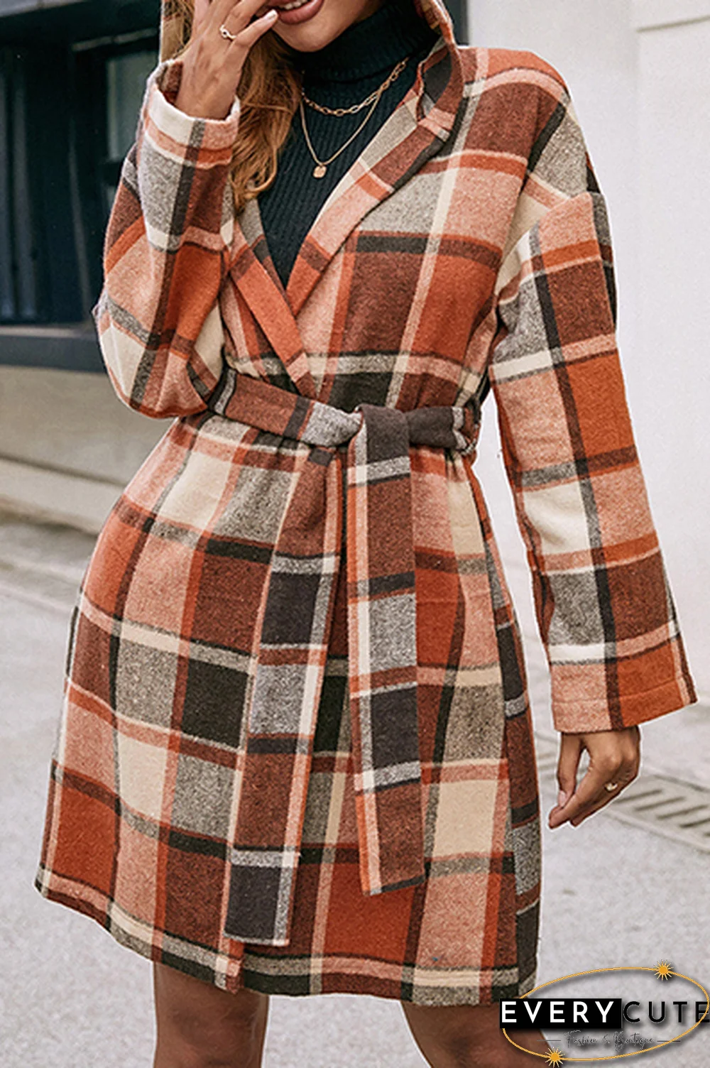 Fashion Elegant Geometric Pocket With Belt Hooded Collar Outerwear