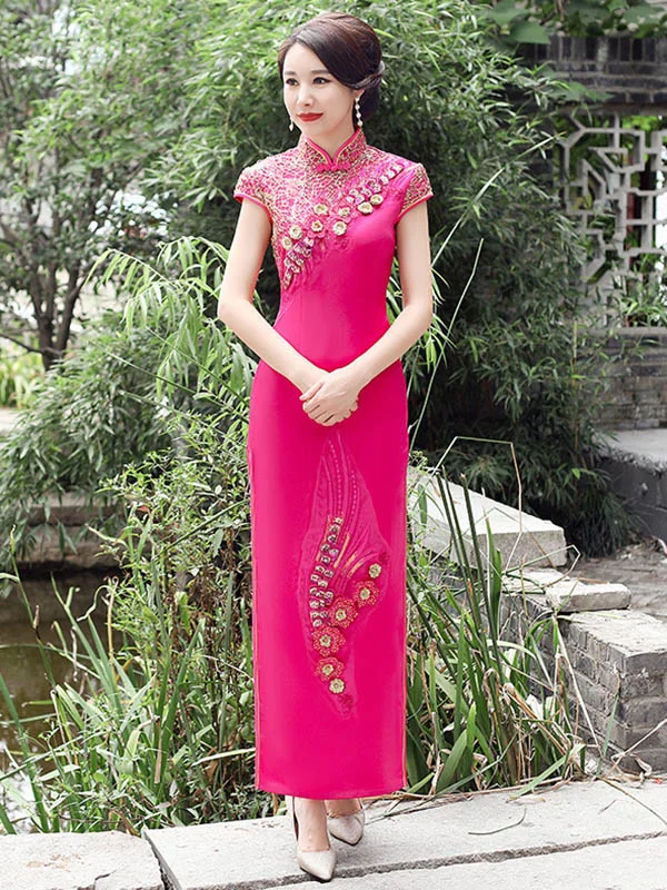 Original Applique Stand Collar Long Cheongsams