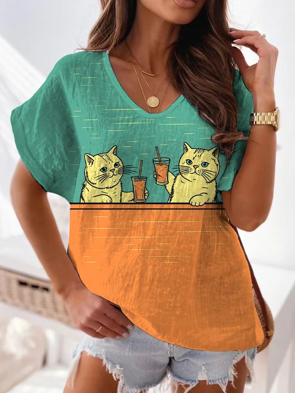 Women's Cocktail Cheers Cat Vintage Style Illustration Art Print V Neck T-Shirt