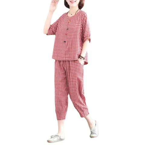 Uveng Uveng Cotton Loose Large Size Women's Foreign Style Retro Two Sets Of Temperament Female Casual Grid Suit Female 2023 Summer Tide