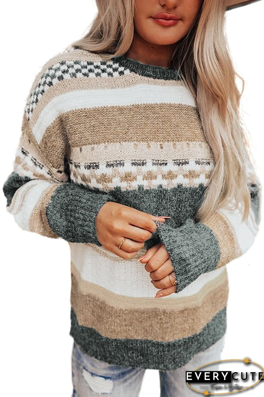 Khaki Chunky Striped Knit Sweater