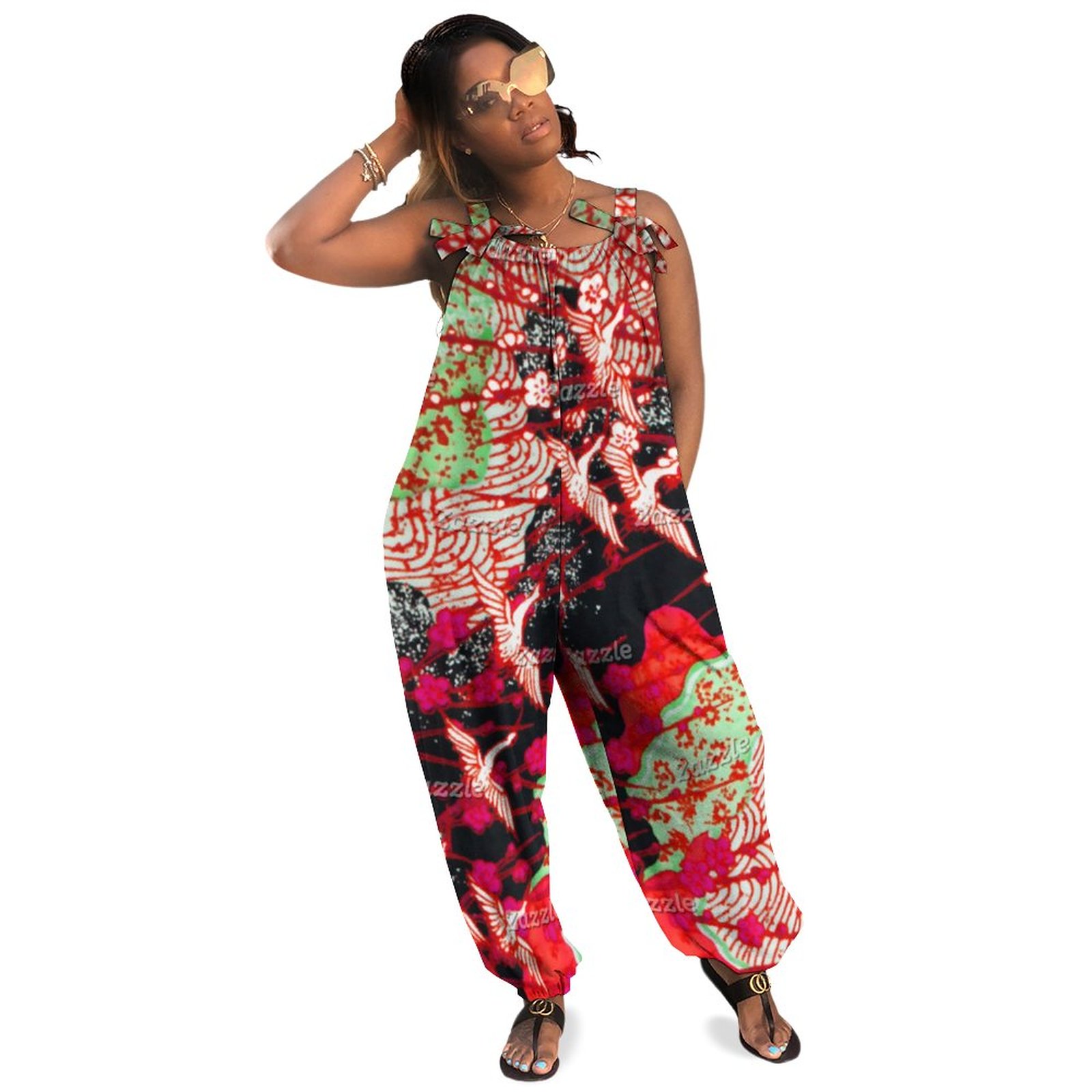 Flying Cranes With Spring Flowers Red Black Boho Vintage Loose Overall Corset Jumpsuit Without Top