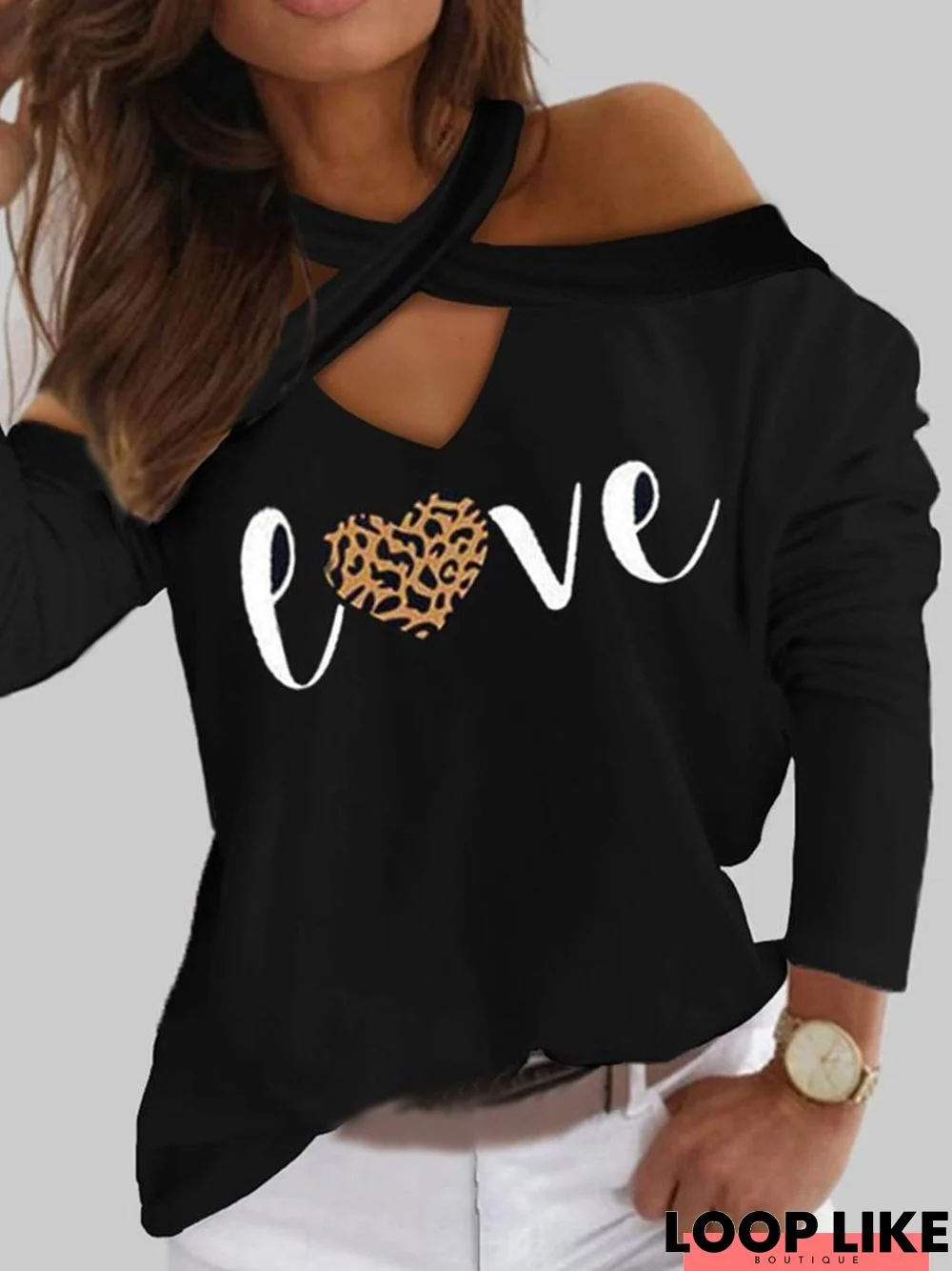 Love Leopard Letters Printed Long Sleeve Casual Top