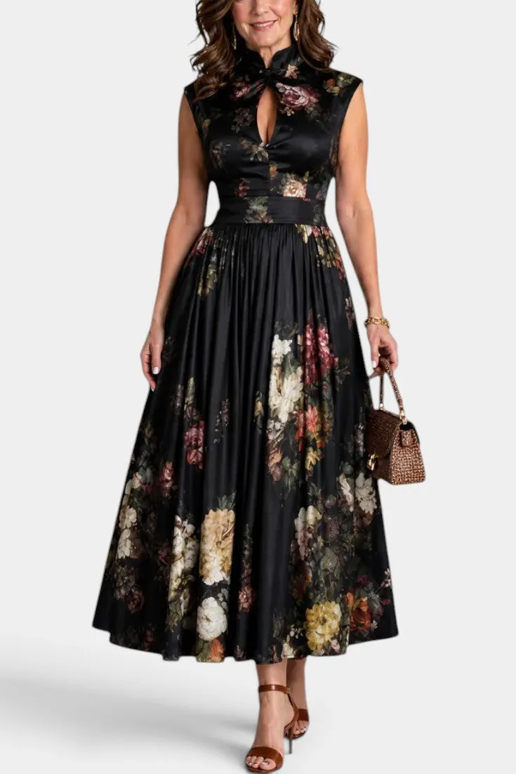 Mandarin Collar Midi Dress with Floral Print