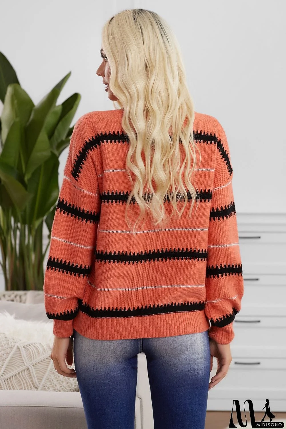 MidiSono - Pink Red Striped Loose Fit Pullover Sweater