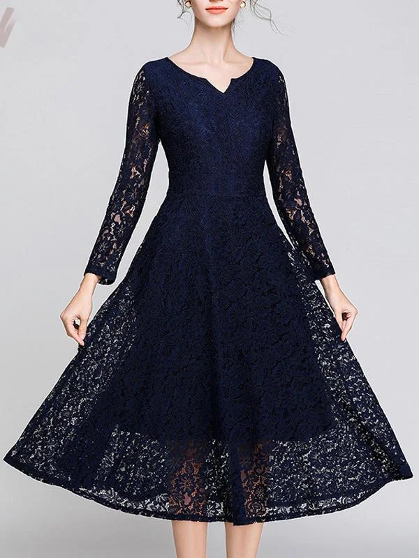 Temperament V-neck mid-length lace big dress