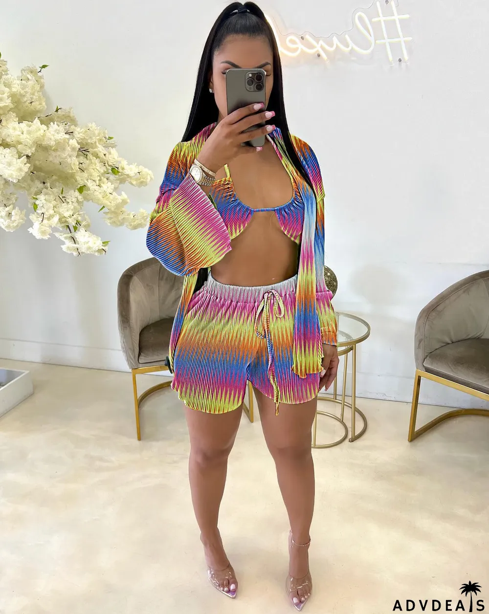 Sexy Print Cross Halter Bra+Cardigan+Short Three Piece Sets