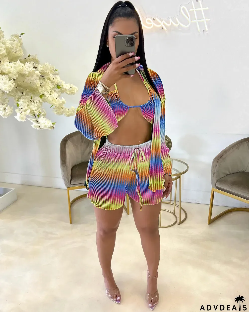 Sexy Print Cross Halter Bra+Cardigan+Short Three Piece Sets