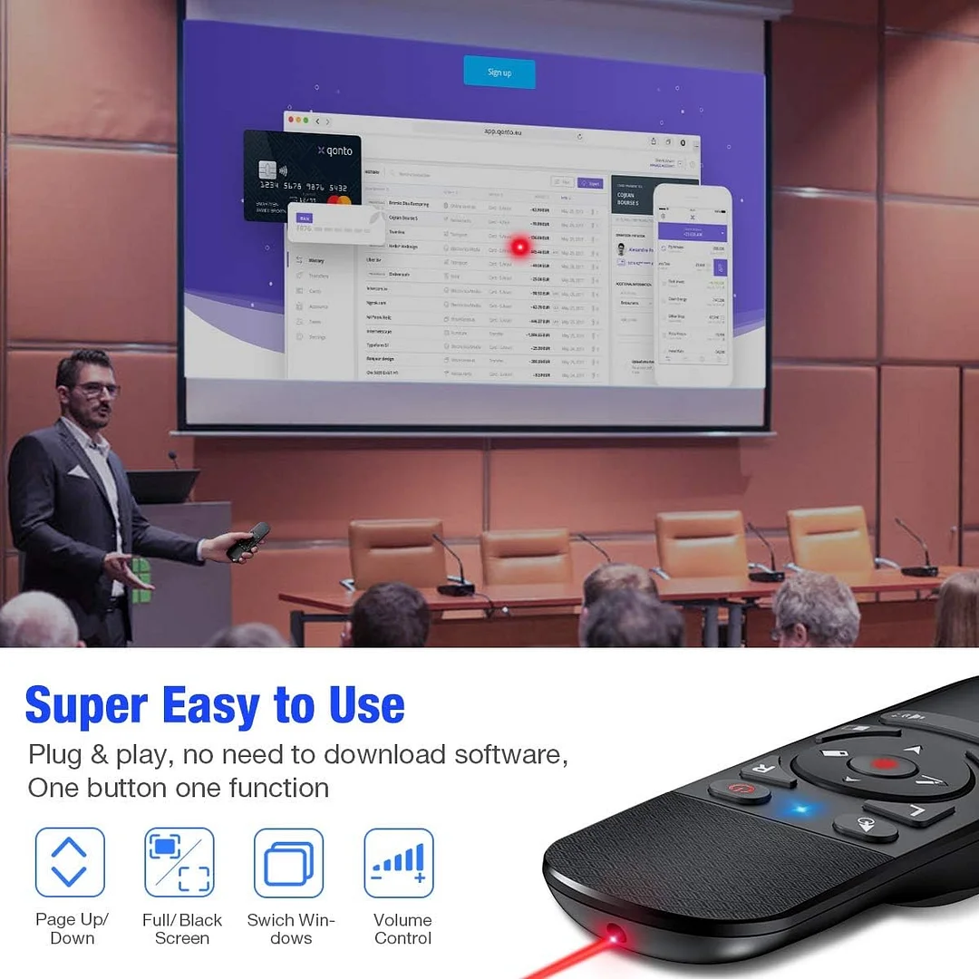 Presentation Clicker Air Mouse Function Wireless Presenter USB Powerpoint Clicker, RF 2.4 GHz Presentation Remote Control Clicker for powerpoint presentations Support Mac, Laptop, Computer 11 (UPC/EAN:736961025973)