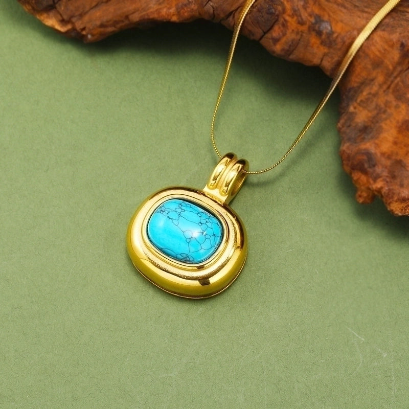 Titanium Steel IG Style Minimalist Oval Plating Inlay Turquoise Opal Tiger Eye Pendant Necklace