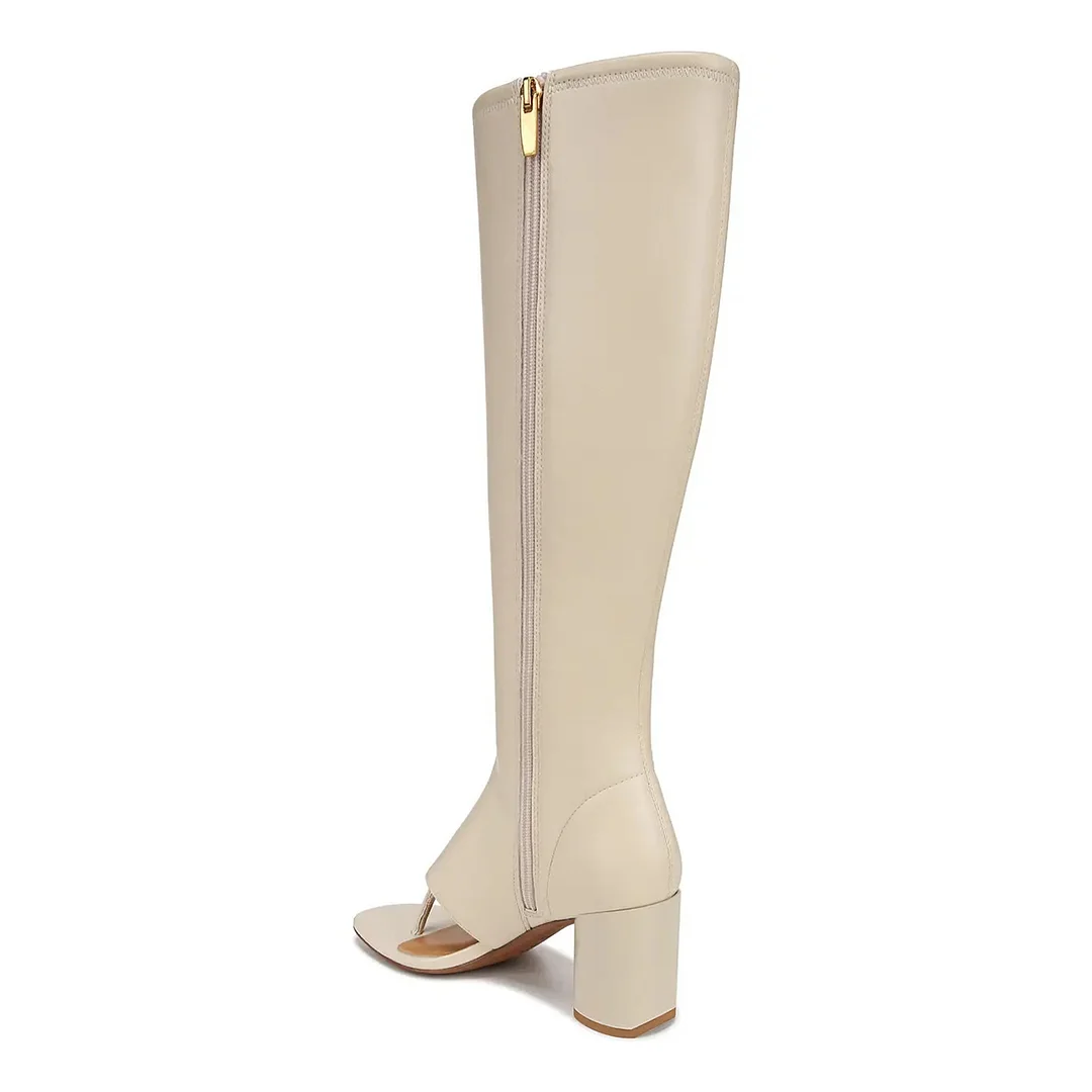 Vegan Leather Open-Toe Side-Zip Heeled Knee High Boots in Ivory