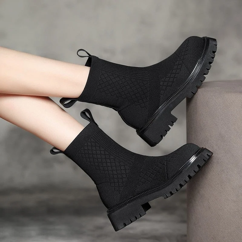 2022 Women Black Sock Female Elastic Mesh Plush Warm Platform Vintage Leisure Comfort Shoes Size 35-40 Ytmtloy Chelsea Boots