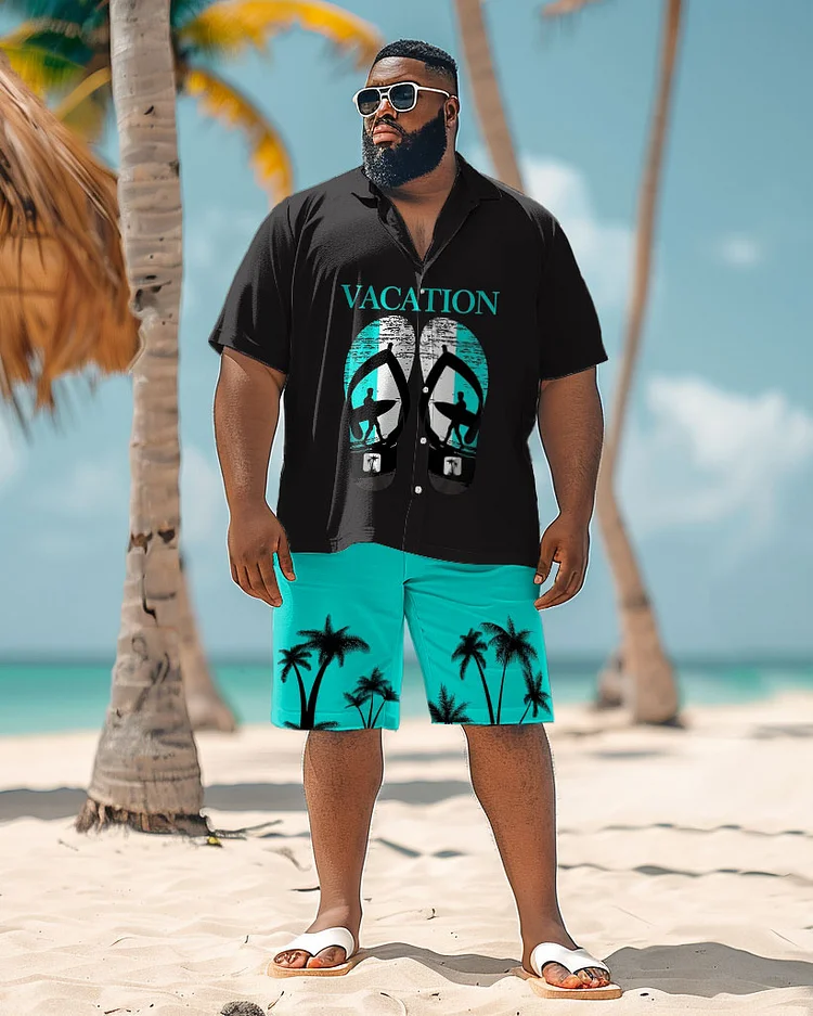 Men's Plus Size Simple Hawaiian Slippers Plant Print Shirt Shorts Suit