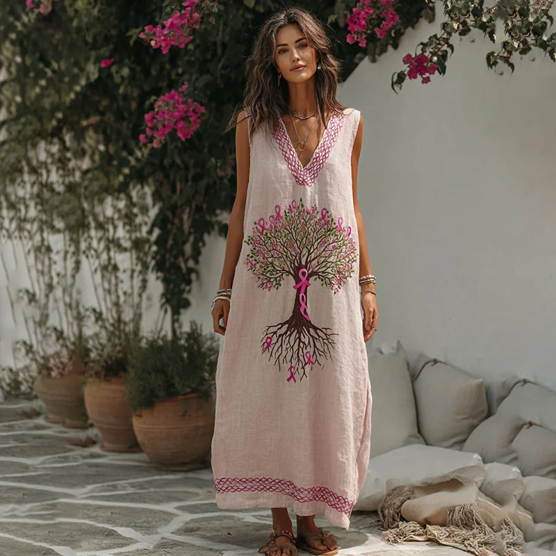 Women's Tree Of Life Pink Ribbon Embroidery V Neck Tank Midi Dress