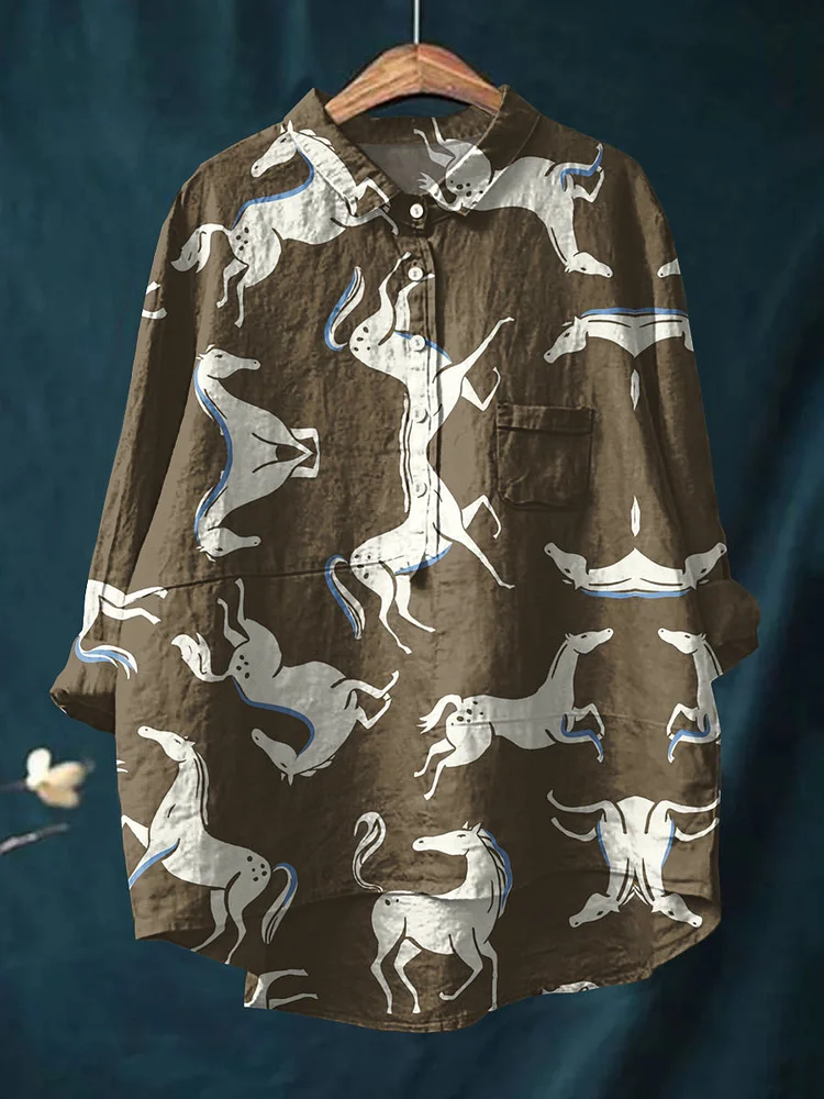 Women's Horse Art Print Casual Cotton and Linen Top