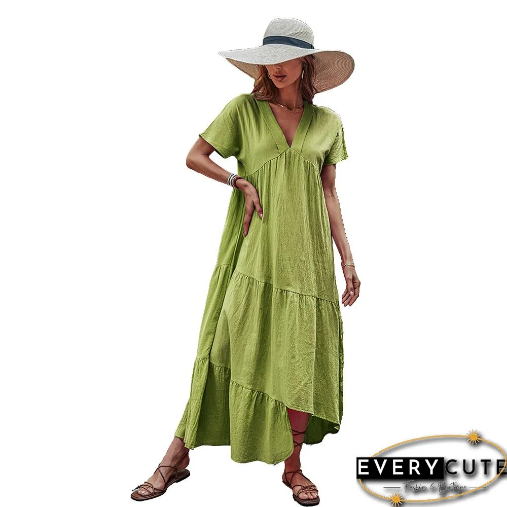 Elegant V-Neck Loose Solid Cotton A-Line Dress For Women Summer New