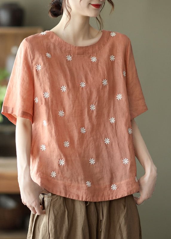 Orange Floral Embroideried Linen Blouses top Short Sleeve CK2739- Fabulory