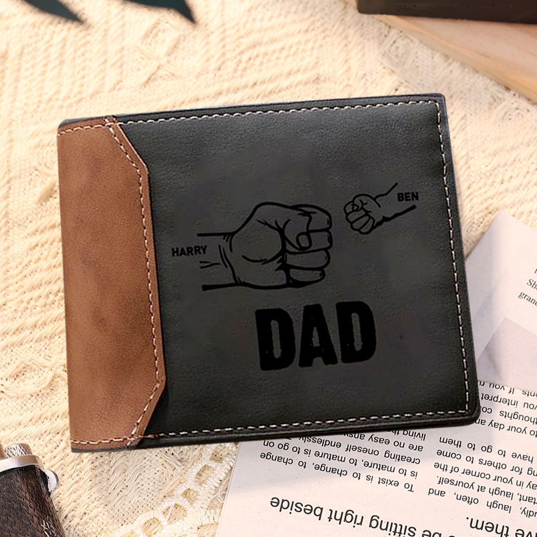 2 Names & 1 Photo Custom Men Leather Wallet Handcrafted in the USA-Personalized Fist Bump Folding Wallet Father's Day Gifts for Dad