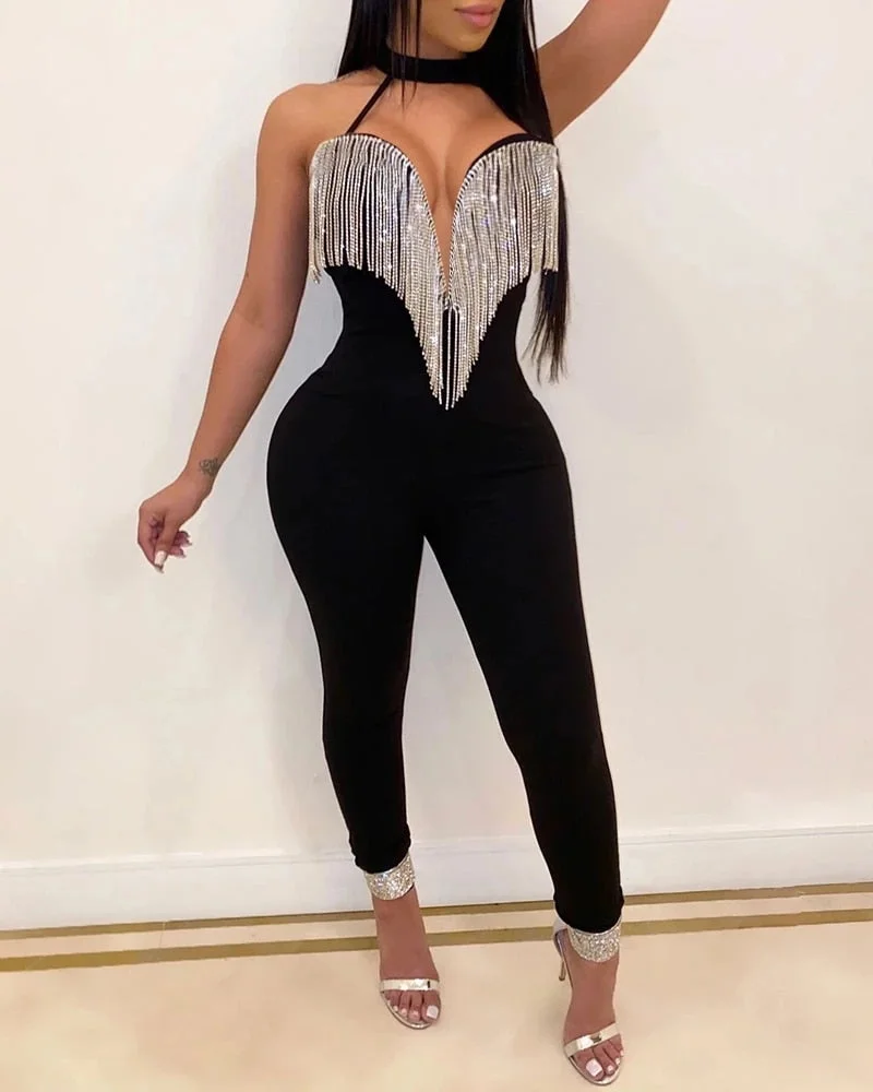 Sexy Women Lady Sequin Jumpsuit Romper Bodycon Backless Clubwear Party Long Pant Trouser Black Tassels Dress Outfit