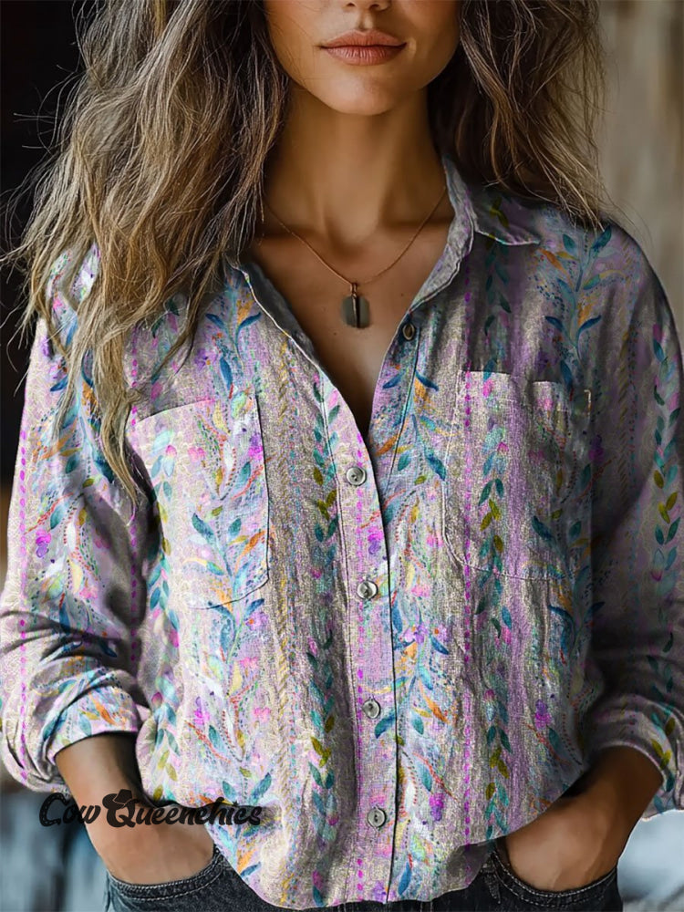 Women’s Floral Art Print Casual Long Sleeve Comfortable Cotton Shirt Multicolor / S