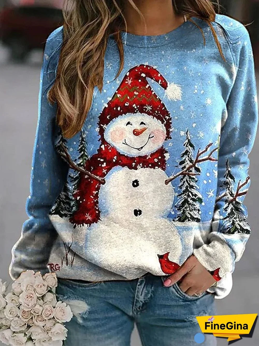Women's Christmas Graphic Solid Color Scoop Neck Long Sleeve Top