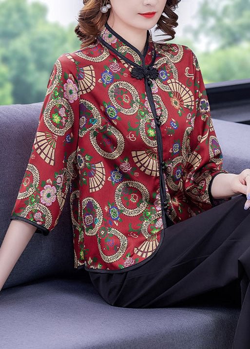 Vintage Red Button Stand Collar Print Silk Two Piece Set Women Clothing Summer