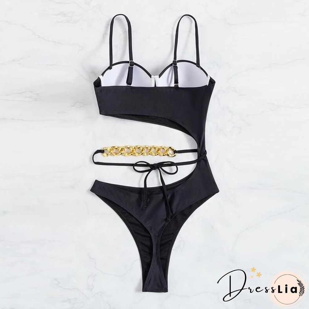 One Piece Backless Lace-up Push Up Beachwear Sexy Solid Hollow Chain High Waist Swimsuit Bikinis New Fashion Underwire Bodysuits